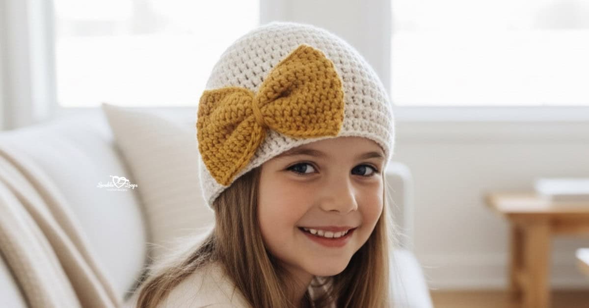 Child wearing a cream crochet hat with a mustard bow, sitting on a couch in a bright cozy living room.