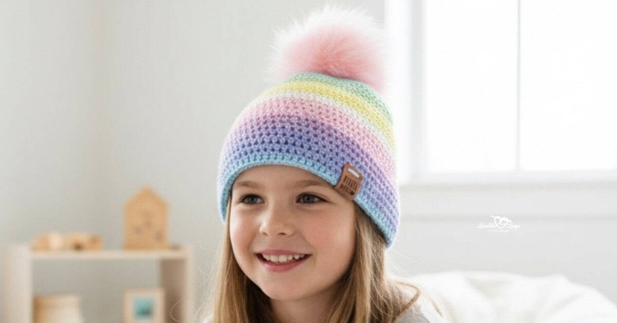 Child wearing a pastel rainbow crochet beanie with a pink faux fur pom pom in a bright neutral room.