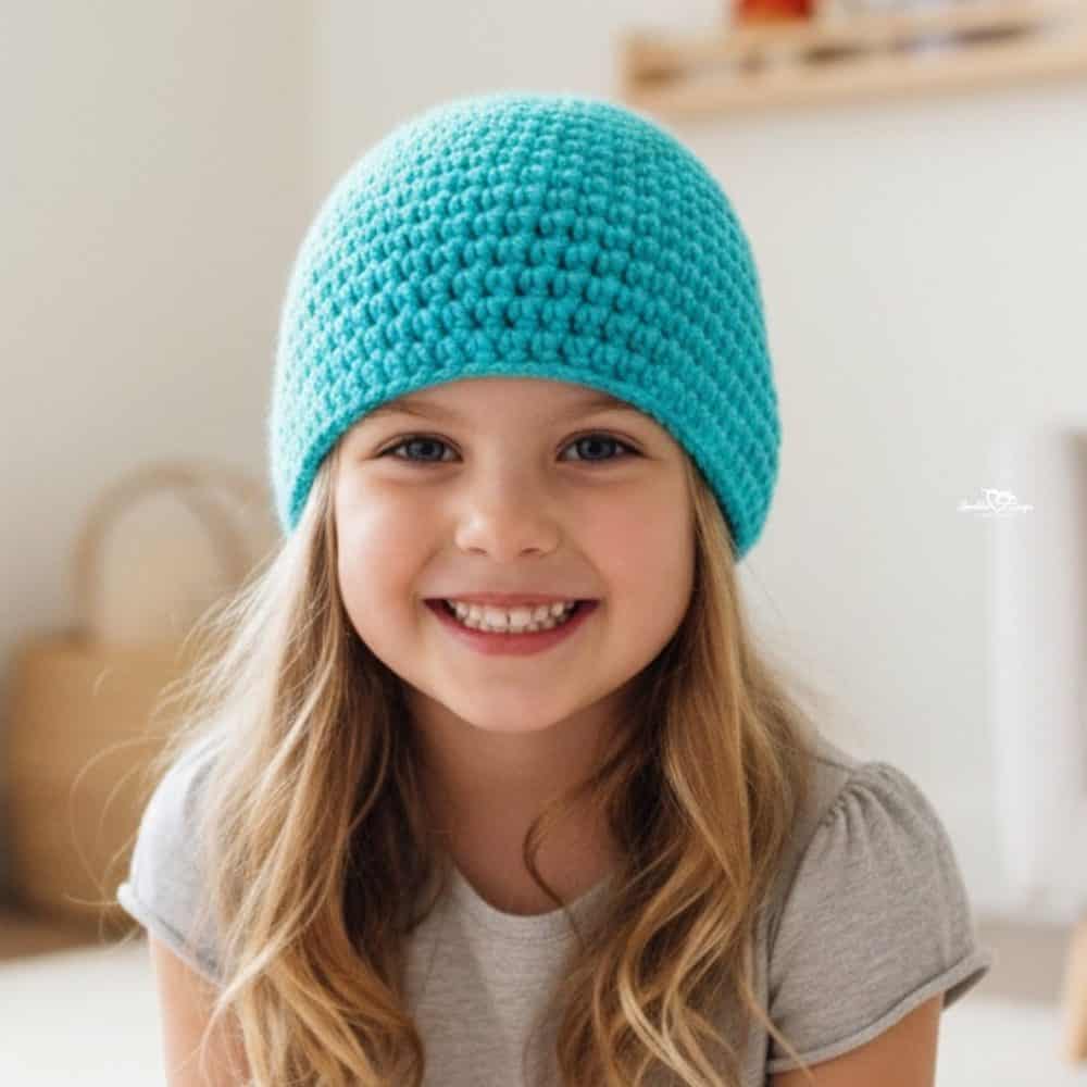 Smiling girl wearing a turquoise crochet beanie in a bright neutral room.