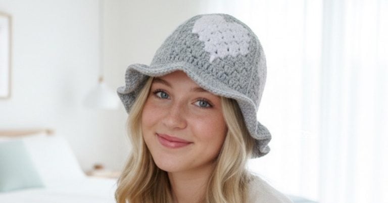 Teen girl wearing a gray crochet bucket hat with white heart motifs in a bright modern bedroom.