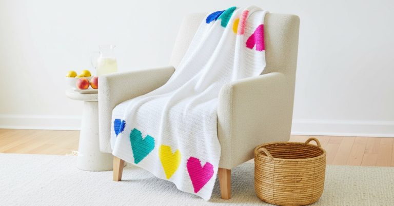 White crochet flower blanket draped over a cream armchair in a bright living room, featuring colorful tulip motifs along the edges, styled with lemons and lemonade on a side table and a woven basket nearby.