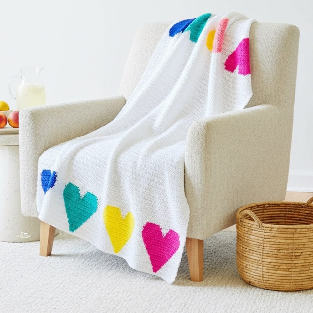 White crochet heart blanket draped over a cream armchair in a bright living room, featuring colorful rainbow hearts along the edges.