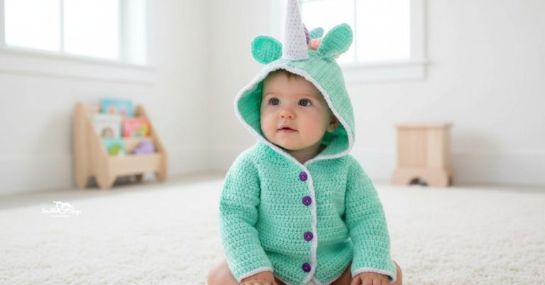 Baby sitting on a cream rug in a nursery, wearing a mint crochet unicorn hooded cardigan with white trim and purple buttons.