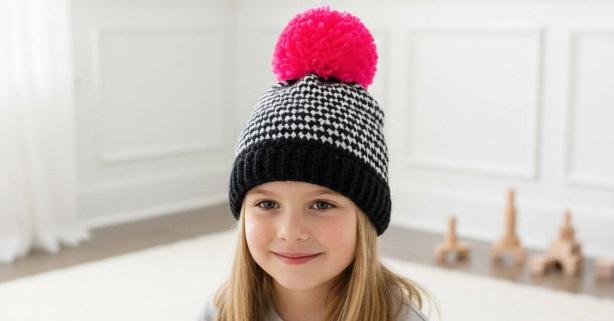 Child wearing a black and white houndstooth crochet hat with a bright pink pom pom in a bright neutral room.