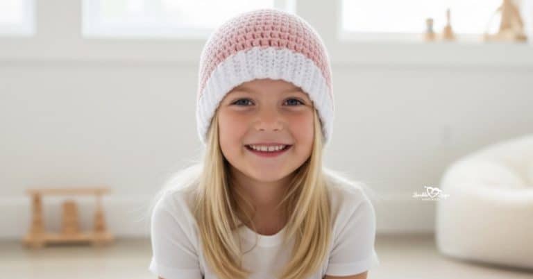 Smiling child wearing a pink and white crochet beanie in a bright neutral room.