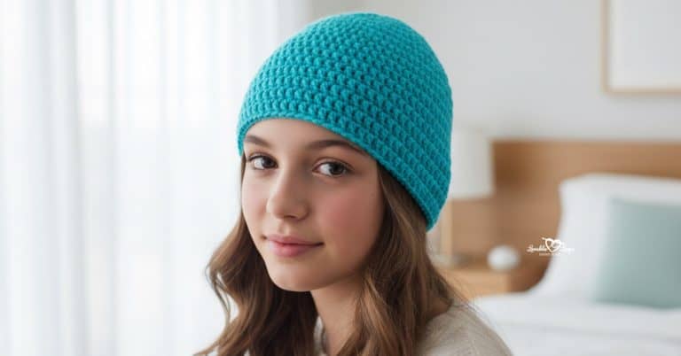 Teen girl wearing a turquoise crochet beanie in a bright modern bedroom.