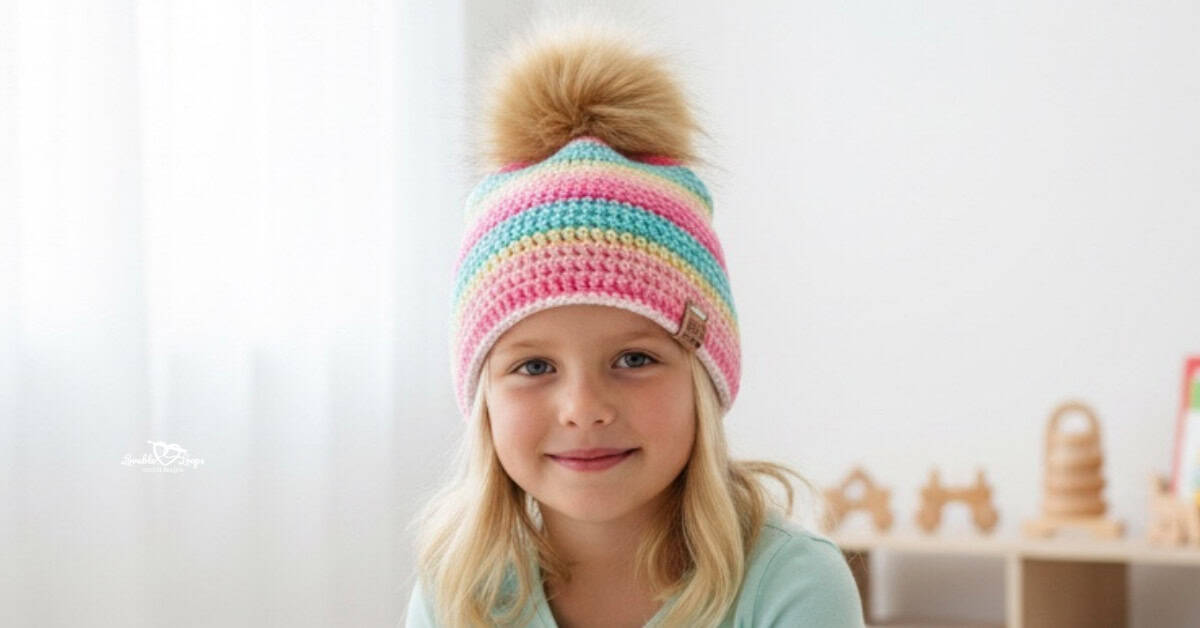 Child wearing a pastel striped crochet beanie with a faux fur pom pom, shown in a bright playroom.
