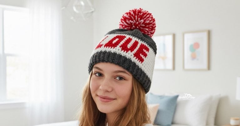 Teen girl wearing a red, white, and gray crochet beanie with the word “LOVE” and a pom pom in a bright modern bedroom.