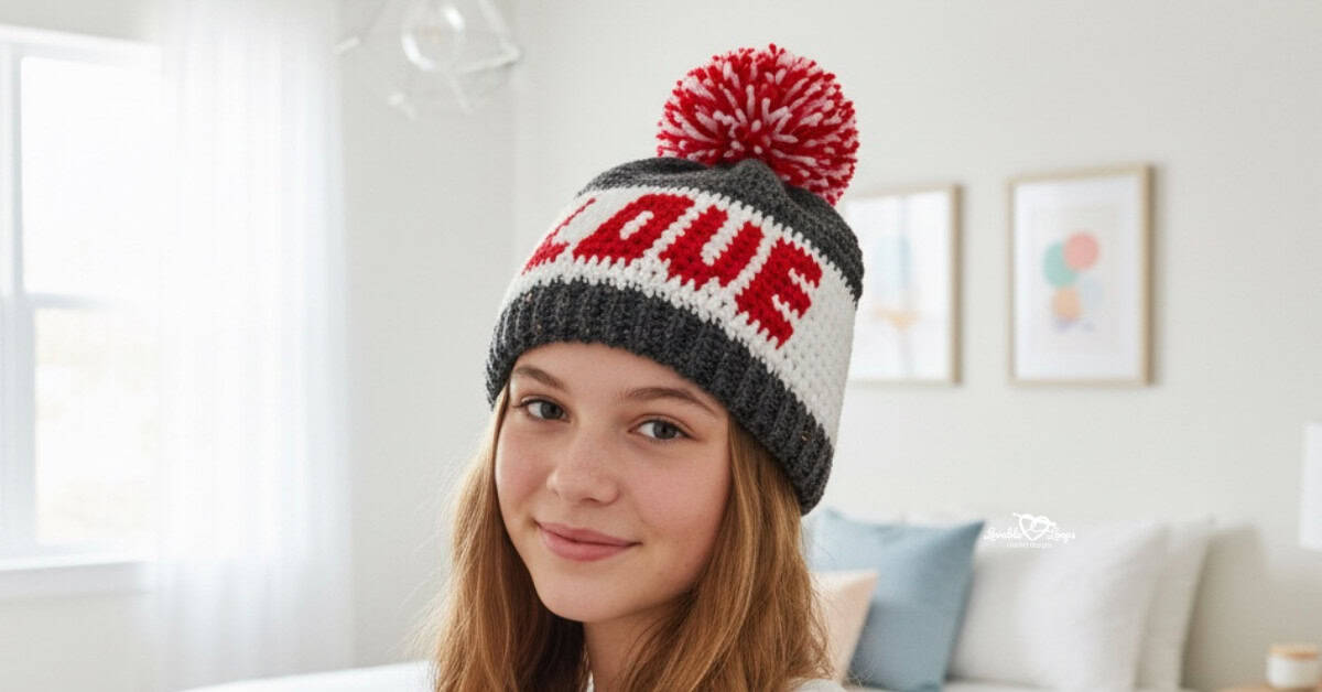 Teen girl wearing a red, white, and gray crochet beanie with the word “LOVE” and a pom pom in a bright modern bedroom.