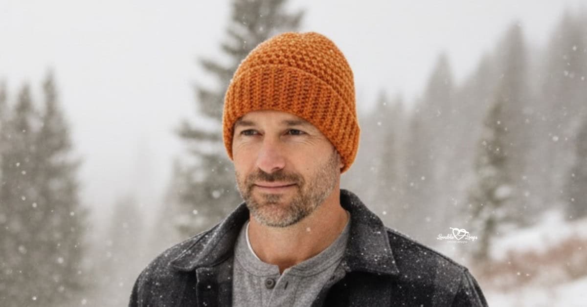 Man wearing an orange crochet beanie, standing outdoors in a snowy winter landscape with pine trees in the background.