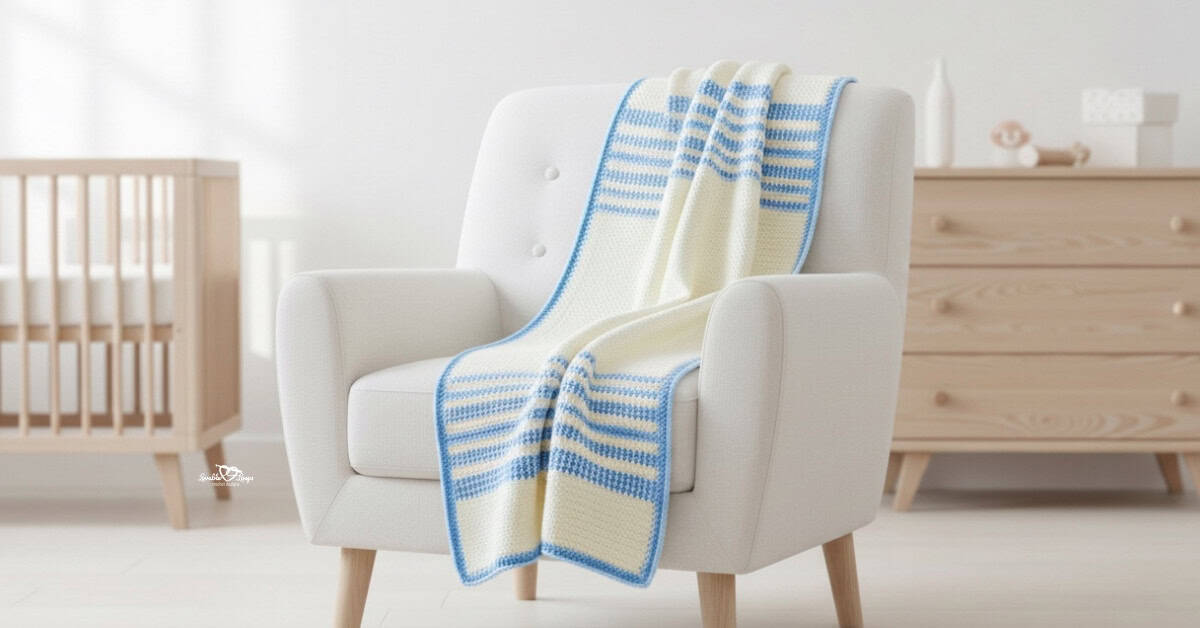 Cream crochet baby blanket with blue striped borders draped over a white armchair in a bright nursery.