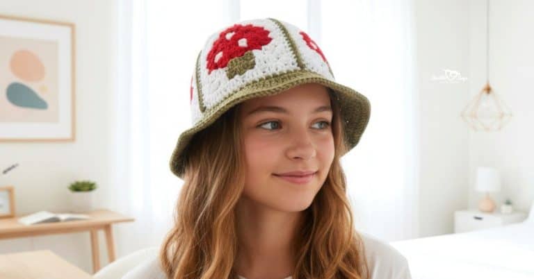 Teen girl wearing a cream crochet bucket hat with red mushroom designs in a bright modern bedroom.
