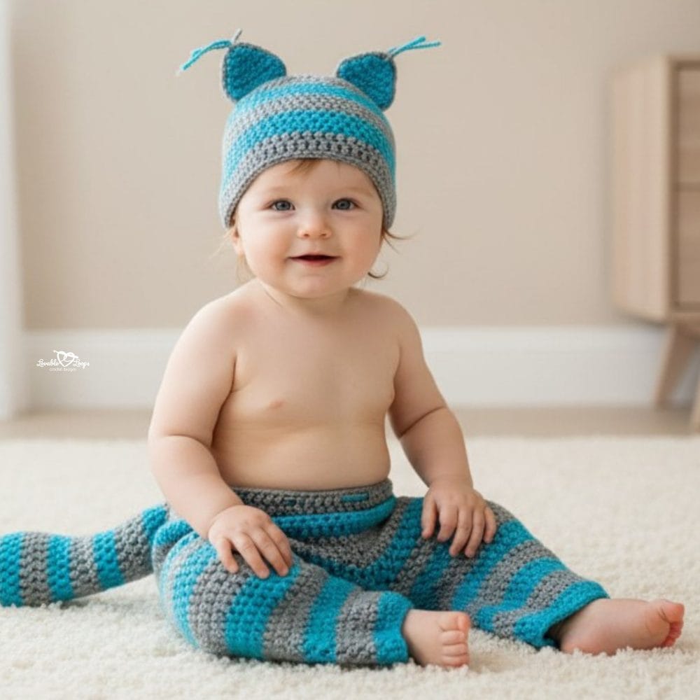 Baby wearing a blue and gray crochet Cheshire Cat costume with striped pants, tail, and cat ear hat, sitting on a white rug.