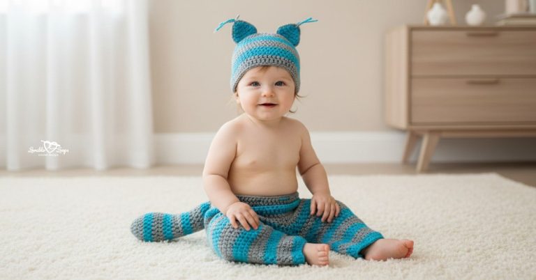 Baby sitting on a cream rug in a nursery, wearing gray and turquoise striped crochet pants with a matching ear hat and striped tail.