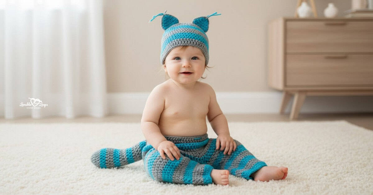 Baby sitting on a cream rug in a nursery, wearing gray and turquoise striped crochet pants with a matching ear hat and striped tail.