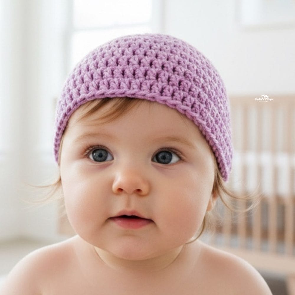Baby wearing a lavender crochet beanie in a bright airy nursery.