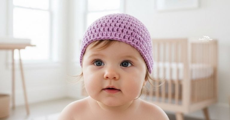 Baby wearing a lavender crochet beanie in a bright airy nursery.