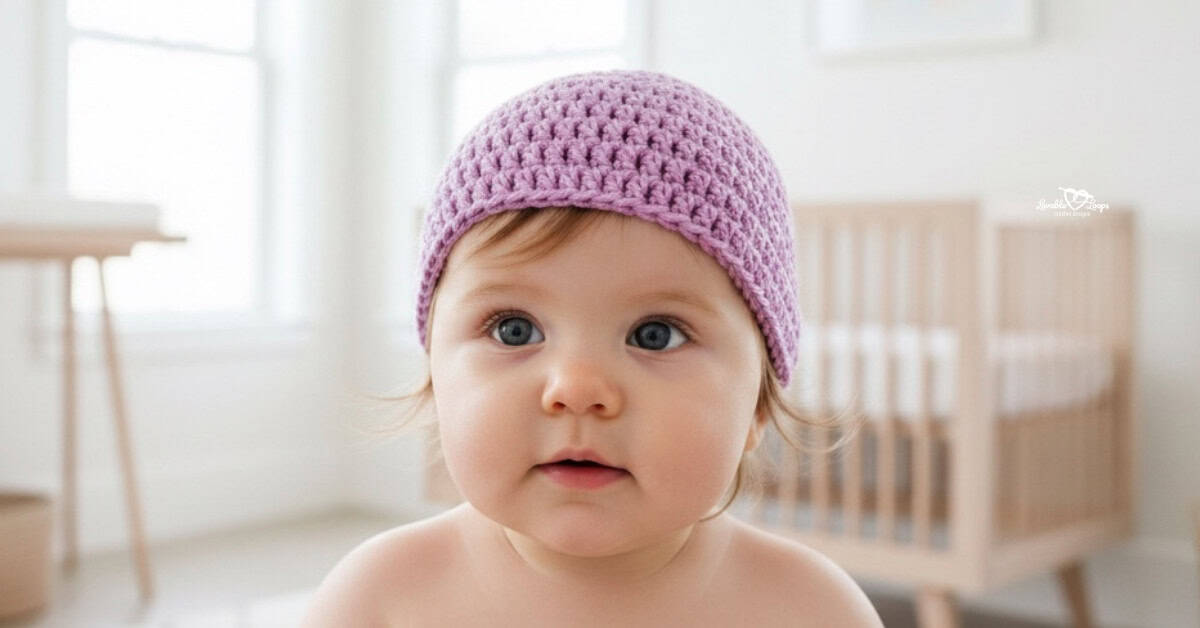 Baby wearing a lavender crochet beanie in a bright airy nursery.