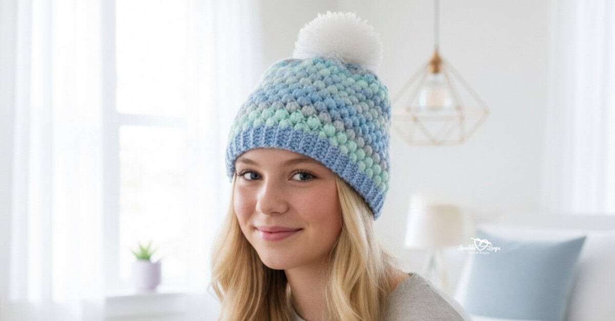 Teen girl wearing a blue and mint puff stitch crochet beanie with a white pom pom in a bright modern bedroom.