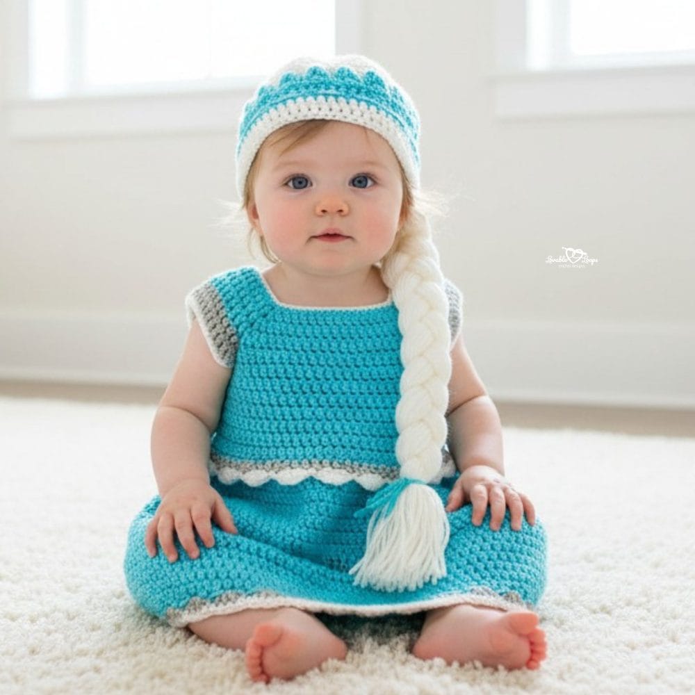 Crochet Elsa-inspired baby dress pattern with a turquoise dress, matching cap, and white braid, modeled in a bright neutral nursery.