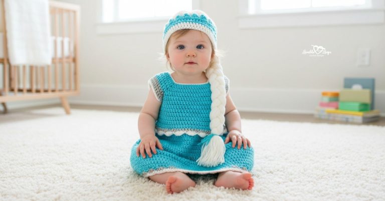 Baby wearing a turquoise crochet dress with matching hat and long white braid, sitting on a white rug in a nursery.