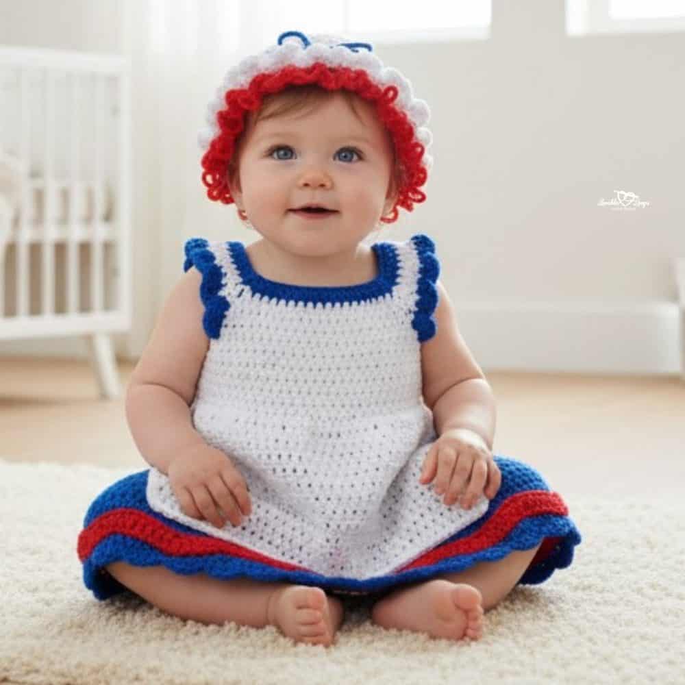 Baby wearing a Raggedy Ann-inspired crochet dress and yarn wig hat, sitting on a white rug in a nursery.