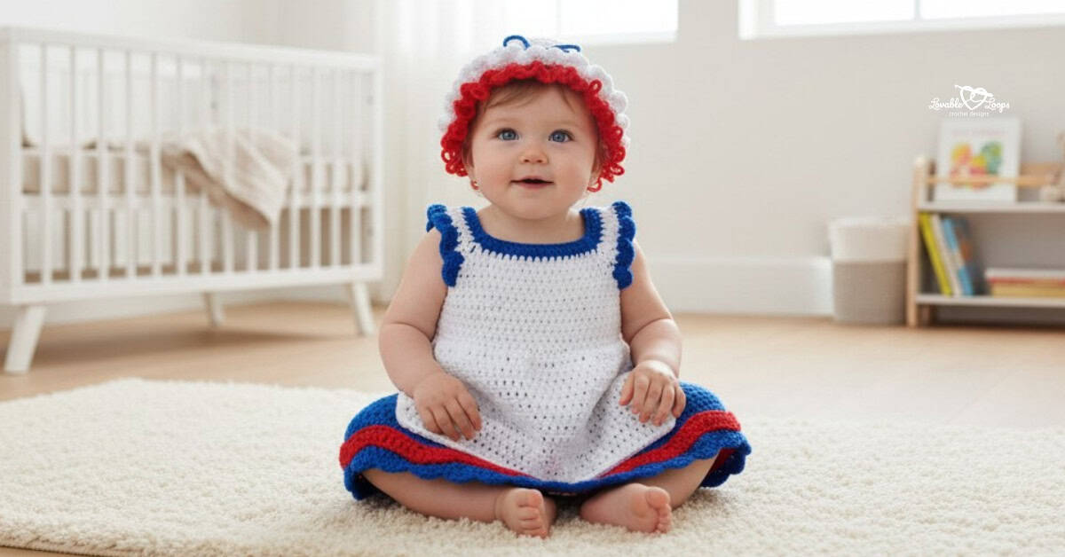 Baby sitting on a cream rug in a nursery, wearing a white crochet Raggedy Ann-style dress with blue and red trim and a red yarn wig hat.