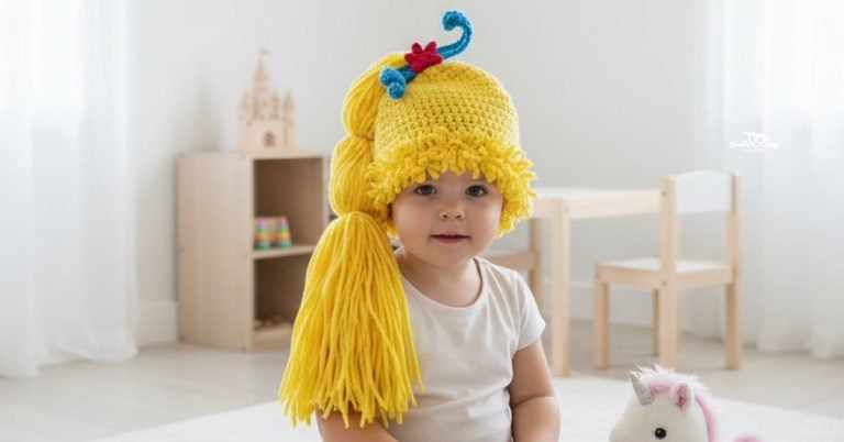 Toddler wearing a yellow crochet yarn wig with a long side ponytail, curly bangs, and colorful crochet accents in a bright princess-themed playroom.