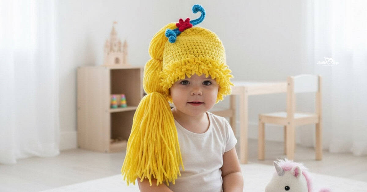 Toddler wearing a yellow crochet yarn wig with a long side ponytail, curly bangs, and colorful crochet accents in a bright princess-themed playroom.