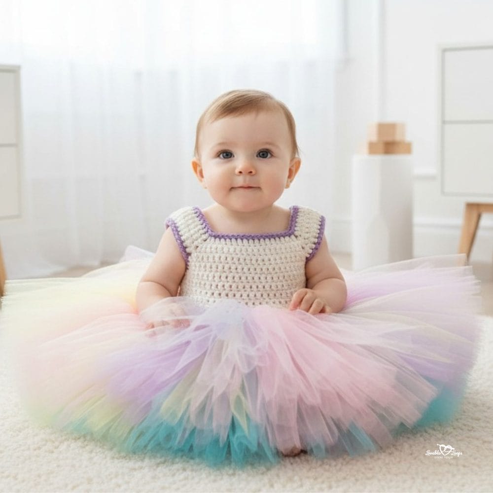 Baby wearing a pastel rainbow crochet tutu dress, sitting on a soft white rug in a bright nursery.