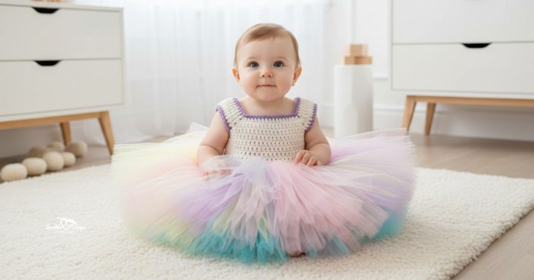 Baby sitting on a cream rug in a nursery, wearing a pastel tutu dress with a cream crochet bodice and a fluffy rainbow tulle skirt