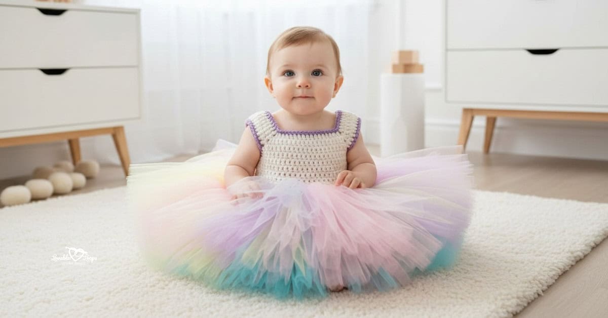 Baby sitting on a cream rug in a nursery, wearing a pastel tutu dress with a cream crochet bodice and a fluffy rainbow tulle skirt