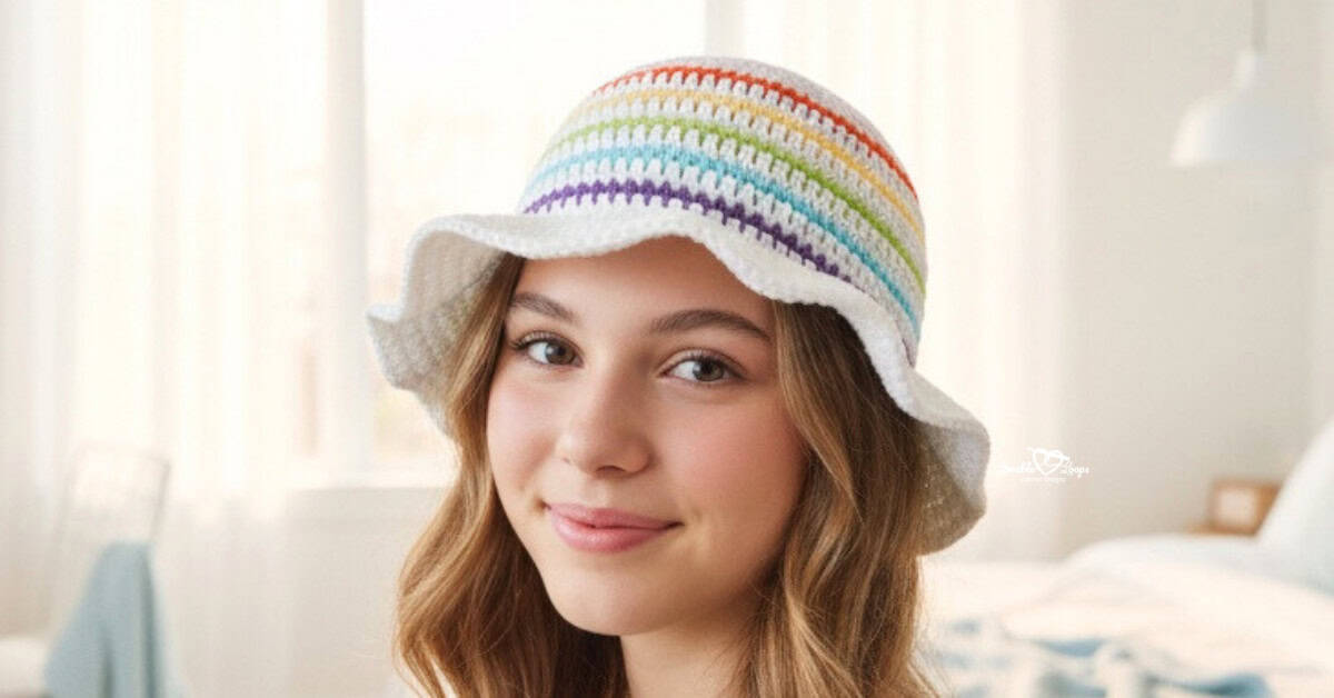 Teen girl wearing a cream crochet bucket hat in a bright modern bedroom.