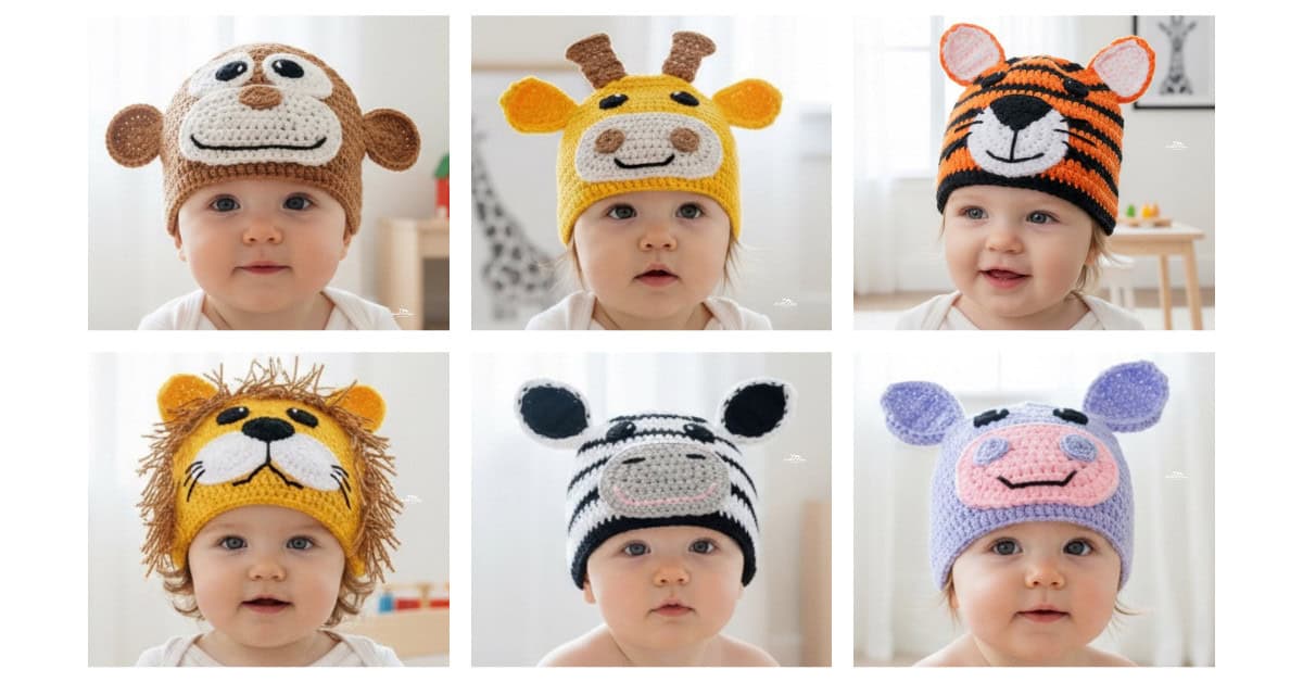 Collage of babies wearing crochet safari animal hats, including monkey, giraffe, tiger, lion, zebra, and hippo designs.
