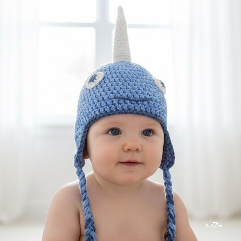 Baby wearing a blue crochet narwhal hat with a tall white horn, side eyes, and braided earflaps in a bright neutral room.