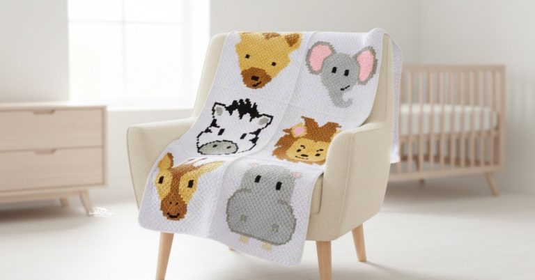 Safari animals crochet baby blanket with animal face squares draped over a cream armchair in a bright nursery.
