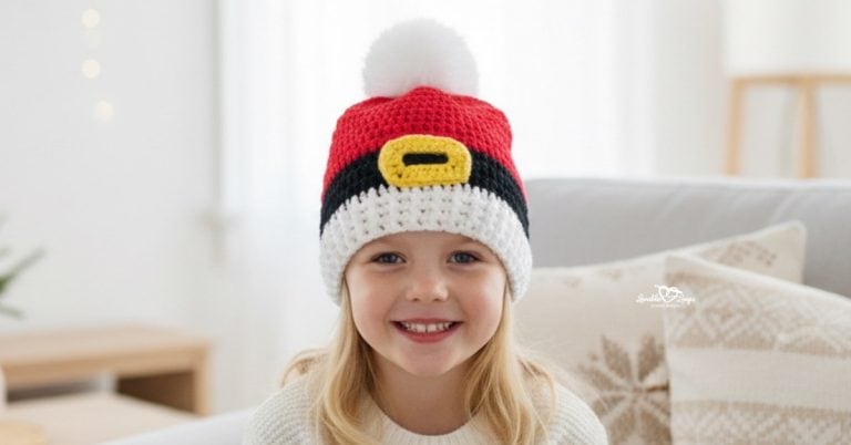 Child wearing a crochet Santa beanie with a white pom pom in a bright cozy living room with soft Christmas decor