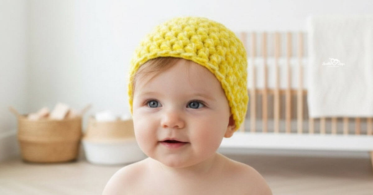 Baby wearing a bright yellow crochet beanie in a soft neutral nursery.