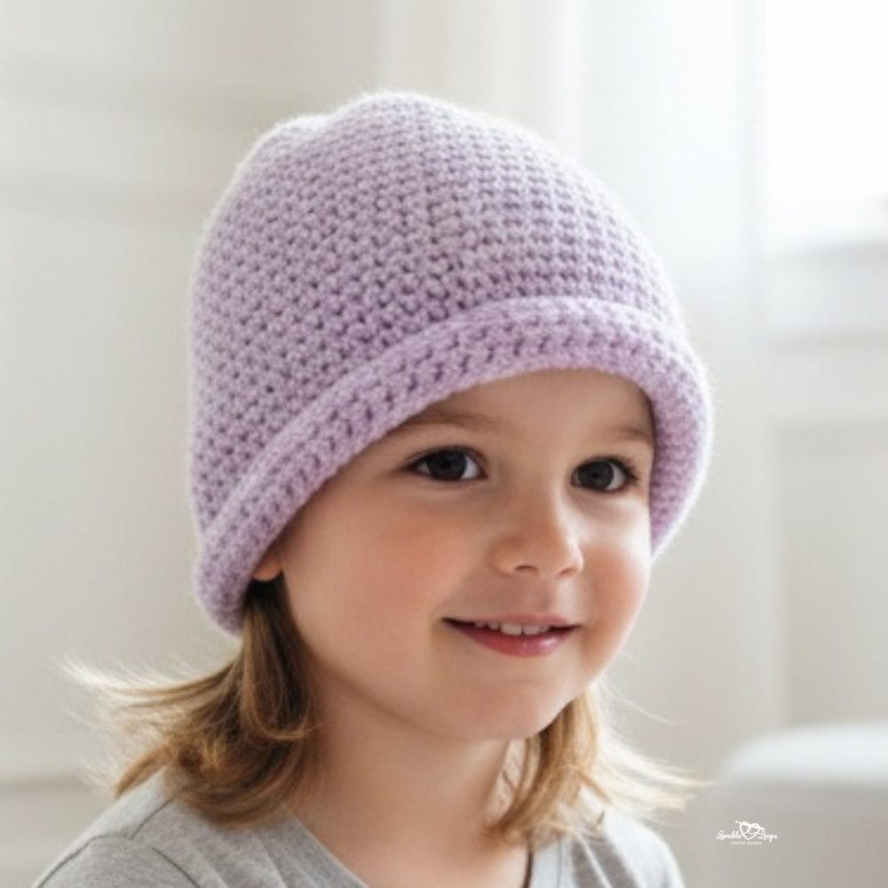 Toddler wearing a light purple crochet beanie with a rolled brim in a bright neutral room.