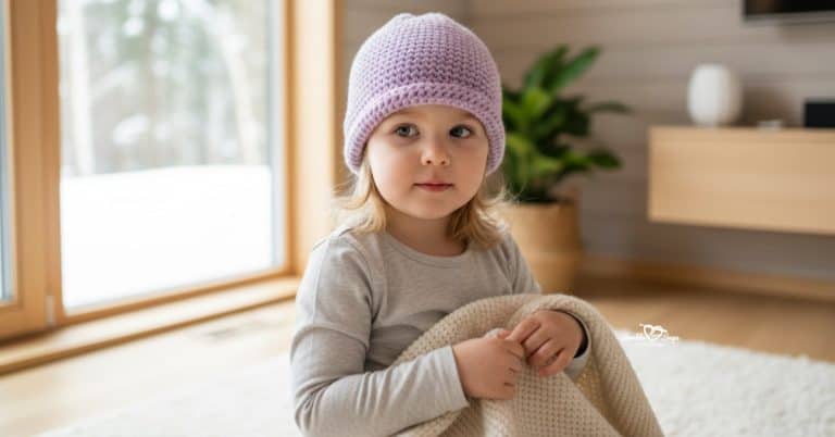 Toddler wearing a light purple crochet beanie, sitting indoors with a blanket in a cozy modern cabin with soft natural light.