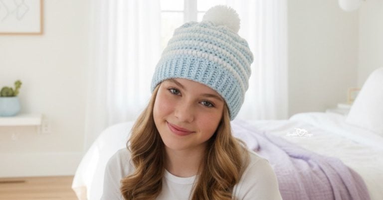 Teen girl wearing a light blue and white slouchy crochet beanie with a pom pom in a bright modern bedroom.