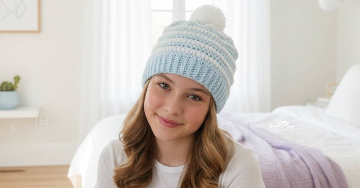 Teen girl wearing a light blue and white slouchy crochet beanie with a pom pom in a bright modern bedroom.