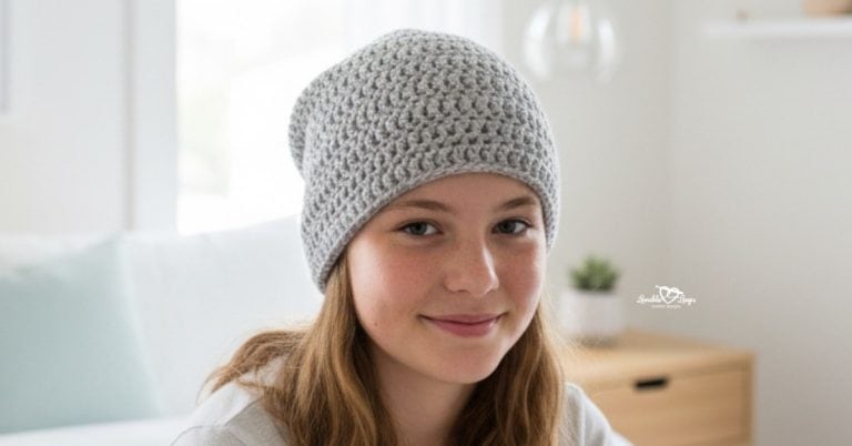 Teen girl wearing a black and white striped crochet beanie with ear flaps and black pom poms in a bright modern bedroom.
