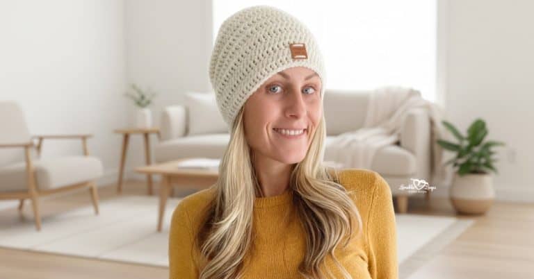 Woman wearing a cream crochet slouchy beanie and mustard sweater, seated in a bright cozy living room with neutral decor and soft natural light.