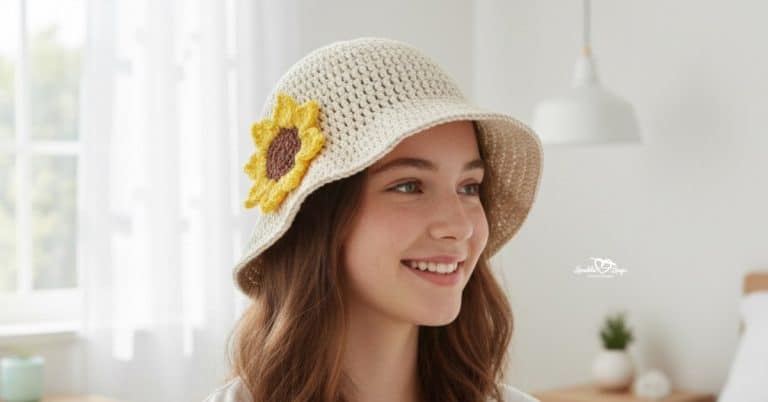 Teen girl wearing a cream crochet bucket hat with a sunflower applique in a bright neutral room.