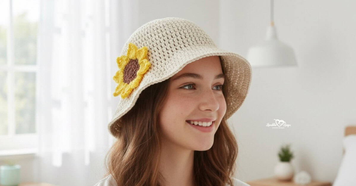 Teen girl wearing a cream crochet bucket hat with a sunflower applique in a bright neutral room.