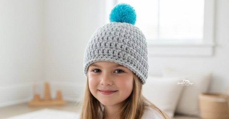 Child wearing a gray crochet hat with a bright blue pom pom in a bright neutral room.