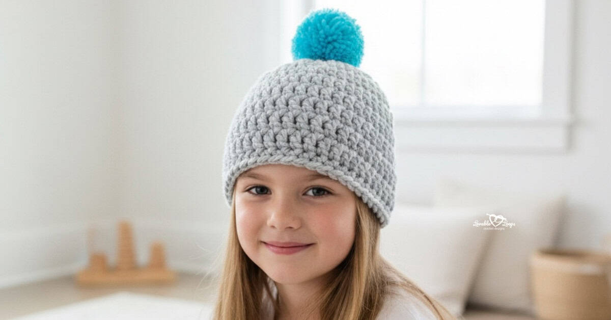 Child wearing a gray crochet hat with a bright blue pom pom in a bright neutral room.