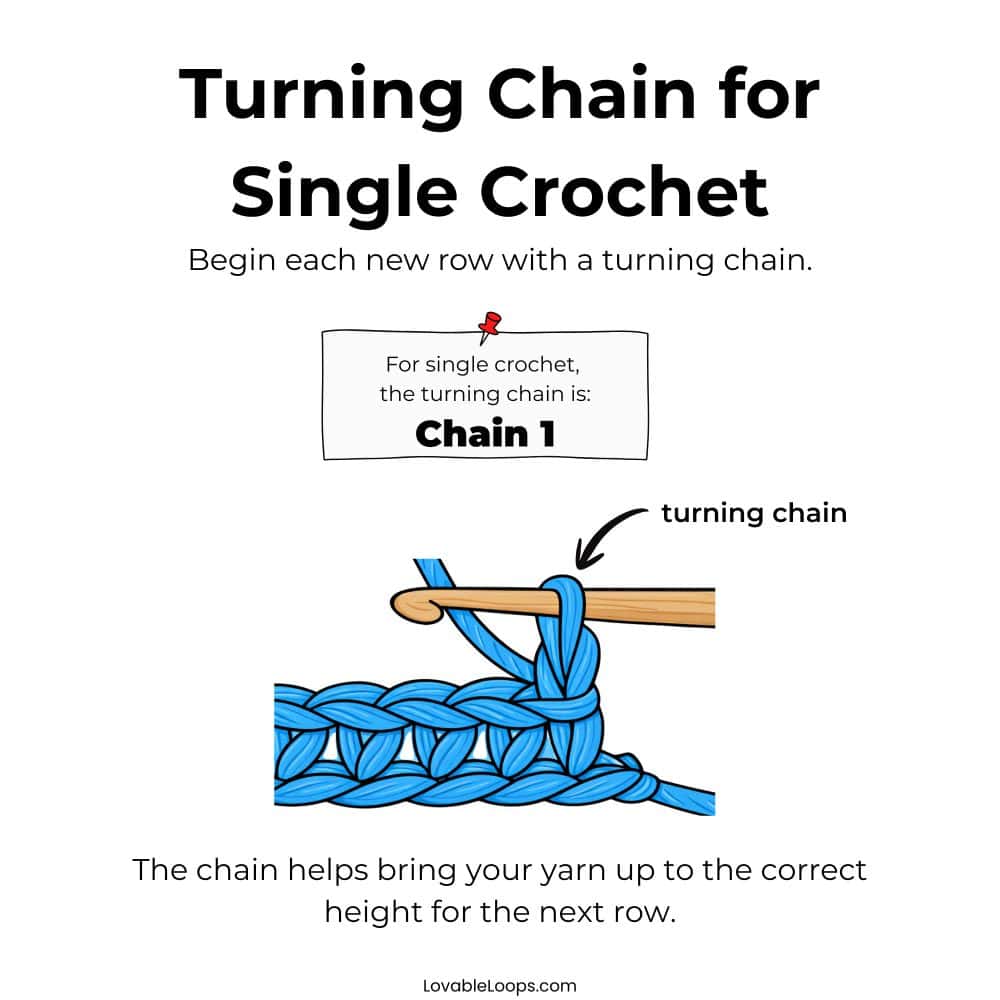 Infographic showing the turning chain for single crochet. The illustration highlights the chain on the hook labeled &ldquo;turning chain&rdquo; and explains that single crochet rows typically begin with chain 1 to bring the yarn up to the correct height for the next row.
