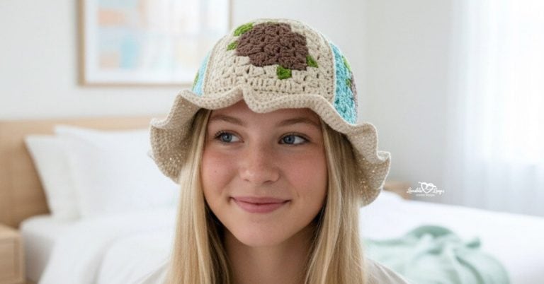 Teen girl wearing a cream crochet bucket hat with turtle motifs in a bright modern bedroom.